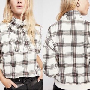NWT $128 Free People [ Small ]‎ Why Not Quarter Zip Plaid Sweatshirt Ivory